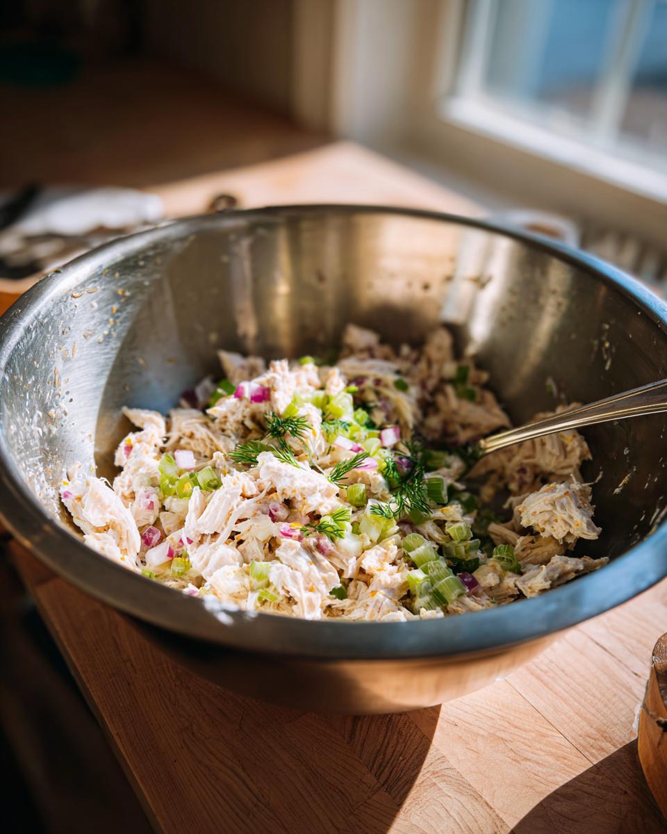 Shredded chicken salad with celery and red onion being mixed in a stainless steel bowl for high protein cottage cheese chicken salad.