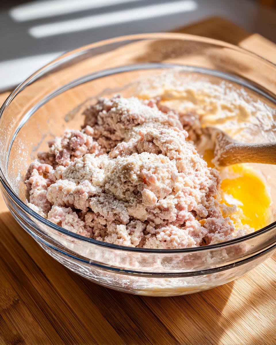 Close-up of raw ground meat, breadcrumbs, and an egg yolk in a glass bowl for making swedish meatballs.