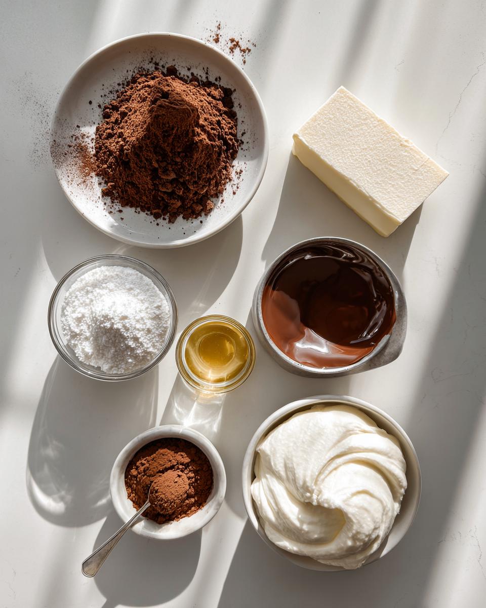 Overhead view of ingredients for no bake chocolate cheesecake, including cocoa powder, butter, sugar, and whipped cream.