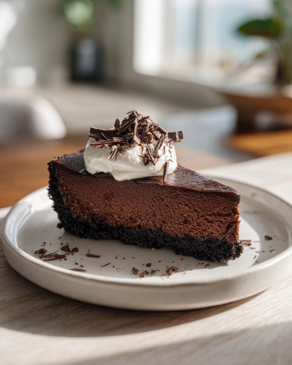 A decadent slice of no bake chocolate cheesecake with a dark crust, topped with whipped cream and chocolate shavings.