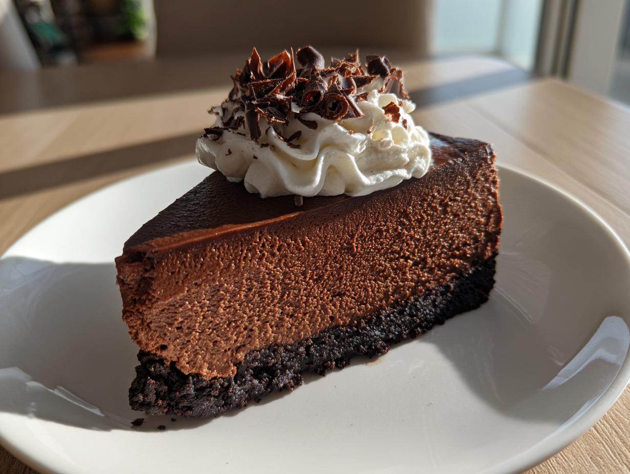 A rich slice of no bake chocolate cheesecake topped with whipped cream and chocolate shavings on a white plate.