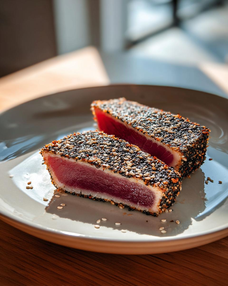 Two slices of sesame-crusted pan seared tuna steak, perfectly rare inside, resting on a light gray plate.