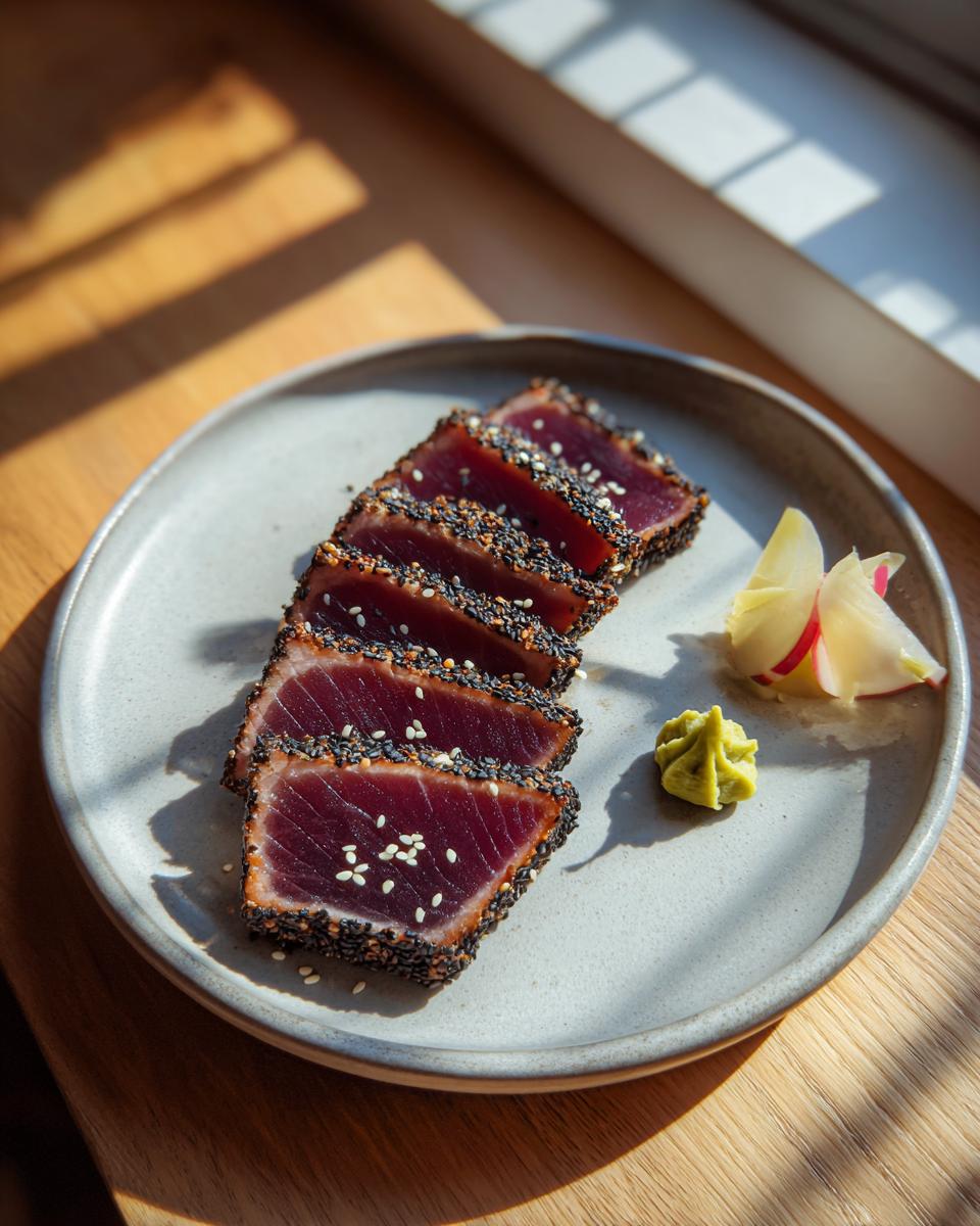 Slices of rare, sesame-crusted pan seared tuna steak served with wasabi and pickled ginger.
