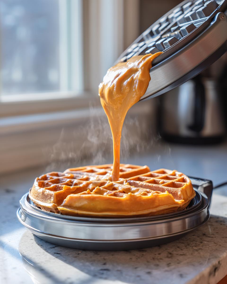 Pouring orange batter from a waffle iron onto a cooked pumpkin cottage cheese waffle.
