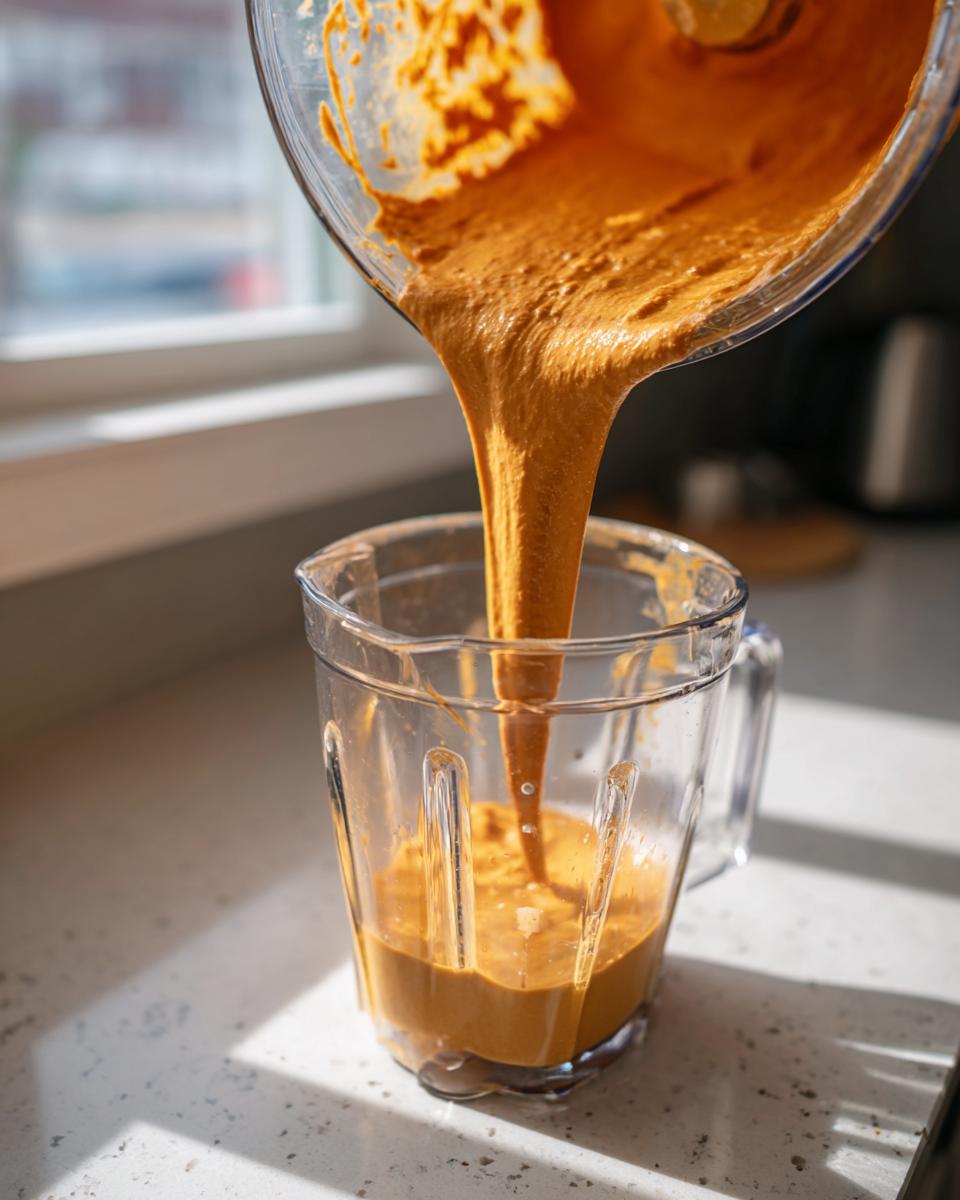 Pouring thick, orange batter for pumpkin cottage cheese waffles from a blender into a pitcher.