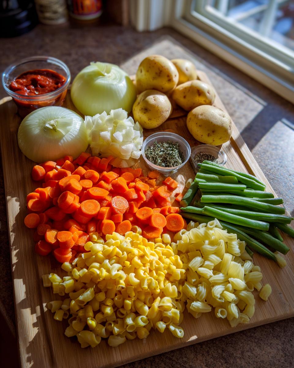 Assortment of chopped vegetables and pasta ingredients ready for making vegetable soup on a wooden cutting board.