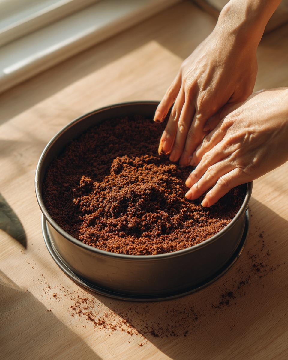 Hands pressing a rich, brown crumb mixture into the base of a springform pan for the dubai chocolate cheesecake crust.