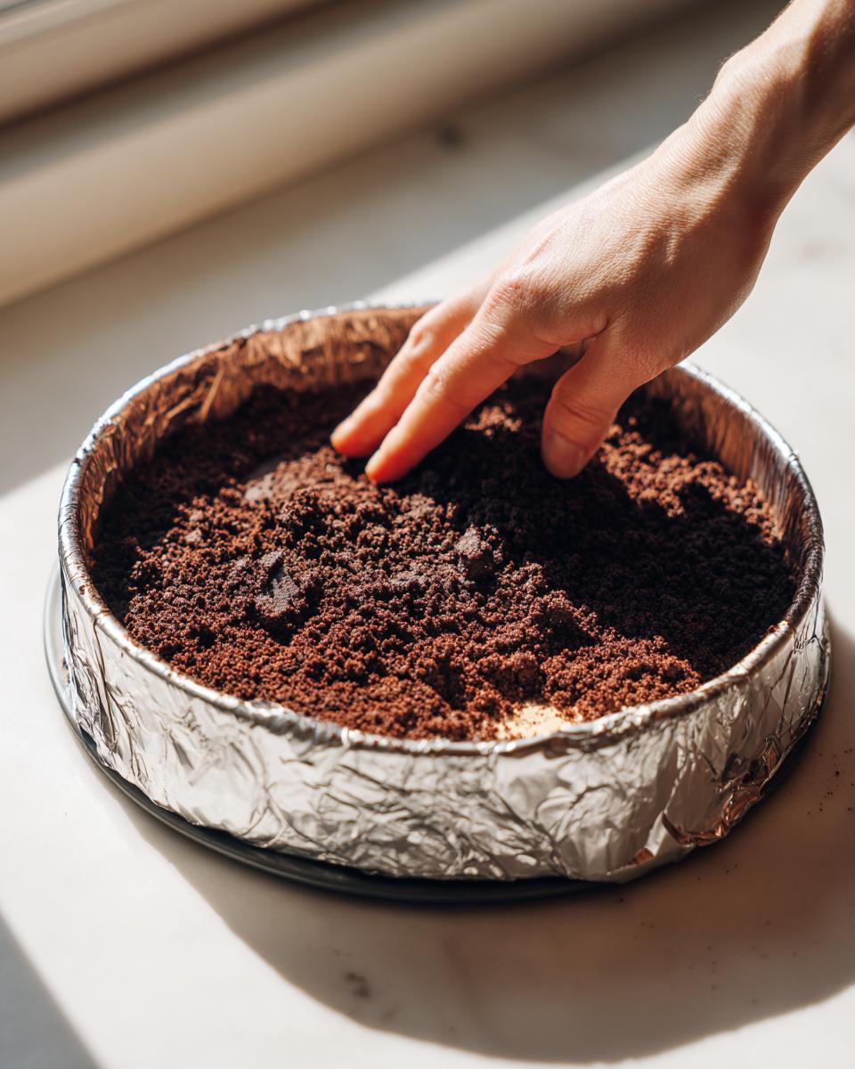 Hand pressing a dark chocolate crumb crust into a foil-lined springform pan for a german chocolate cheesecake.