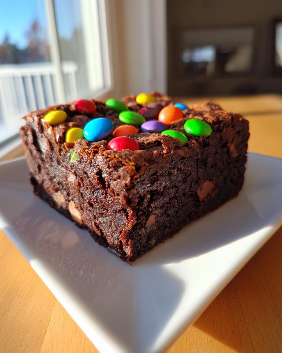 A rich, fudgy square of protein cosmic brownies topped with colorful candy-coated chocolates.