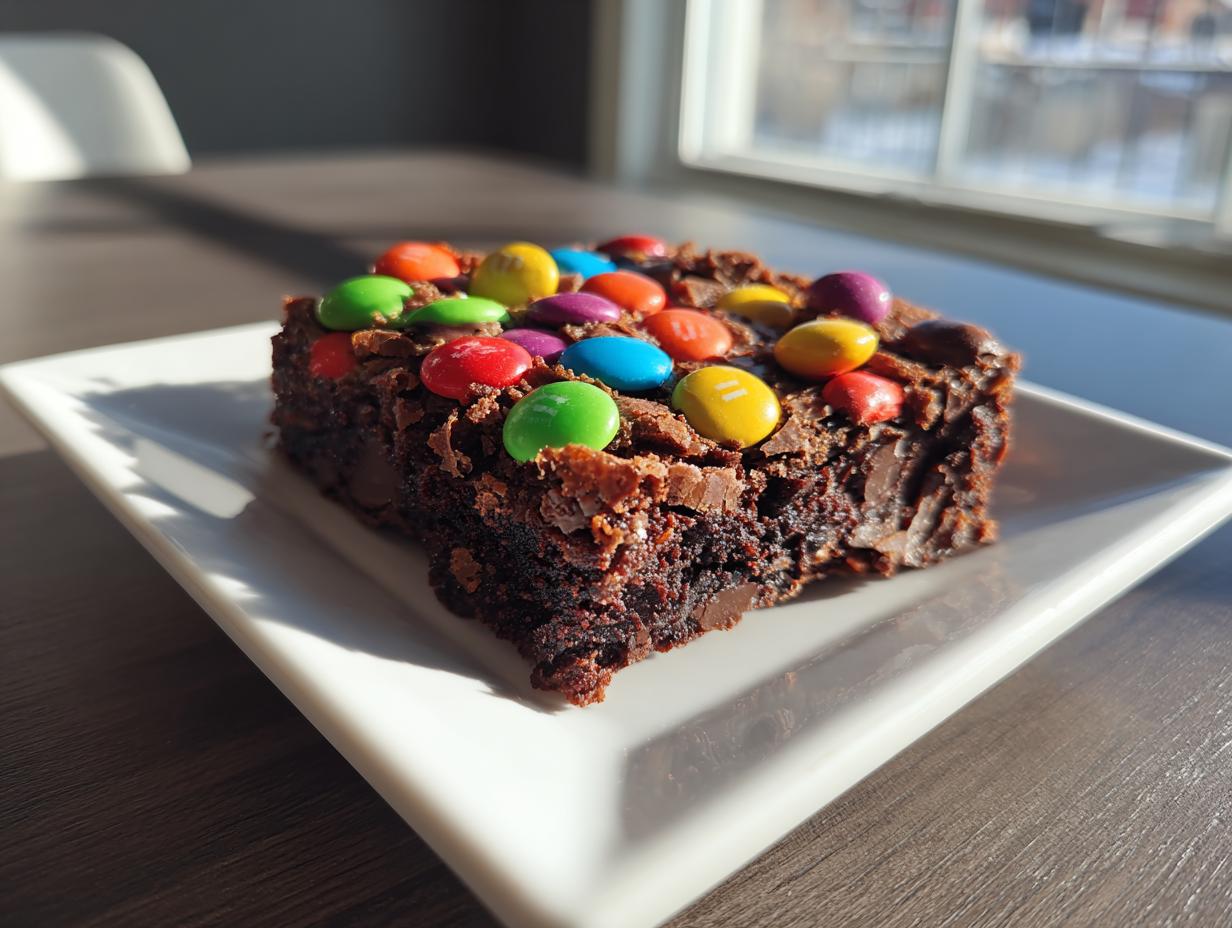 A rich, fudgy square of protein cosmic brownies topped with colorful candy-coated chocolates, sitting on a white plate.