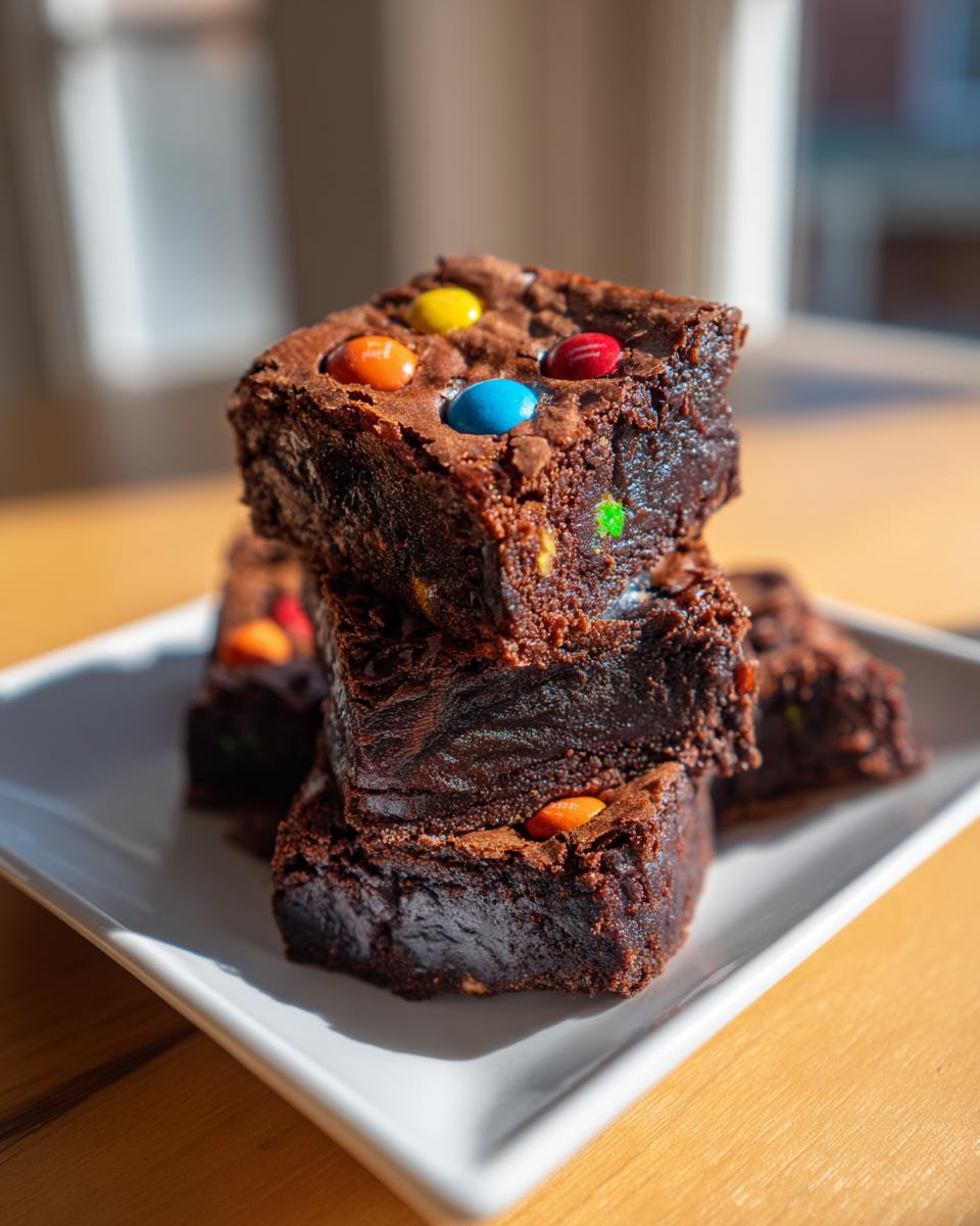 A stack of three fudgy protein cosmic brownies topped with colorful candy pieces, served on a white plate.