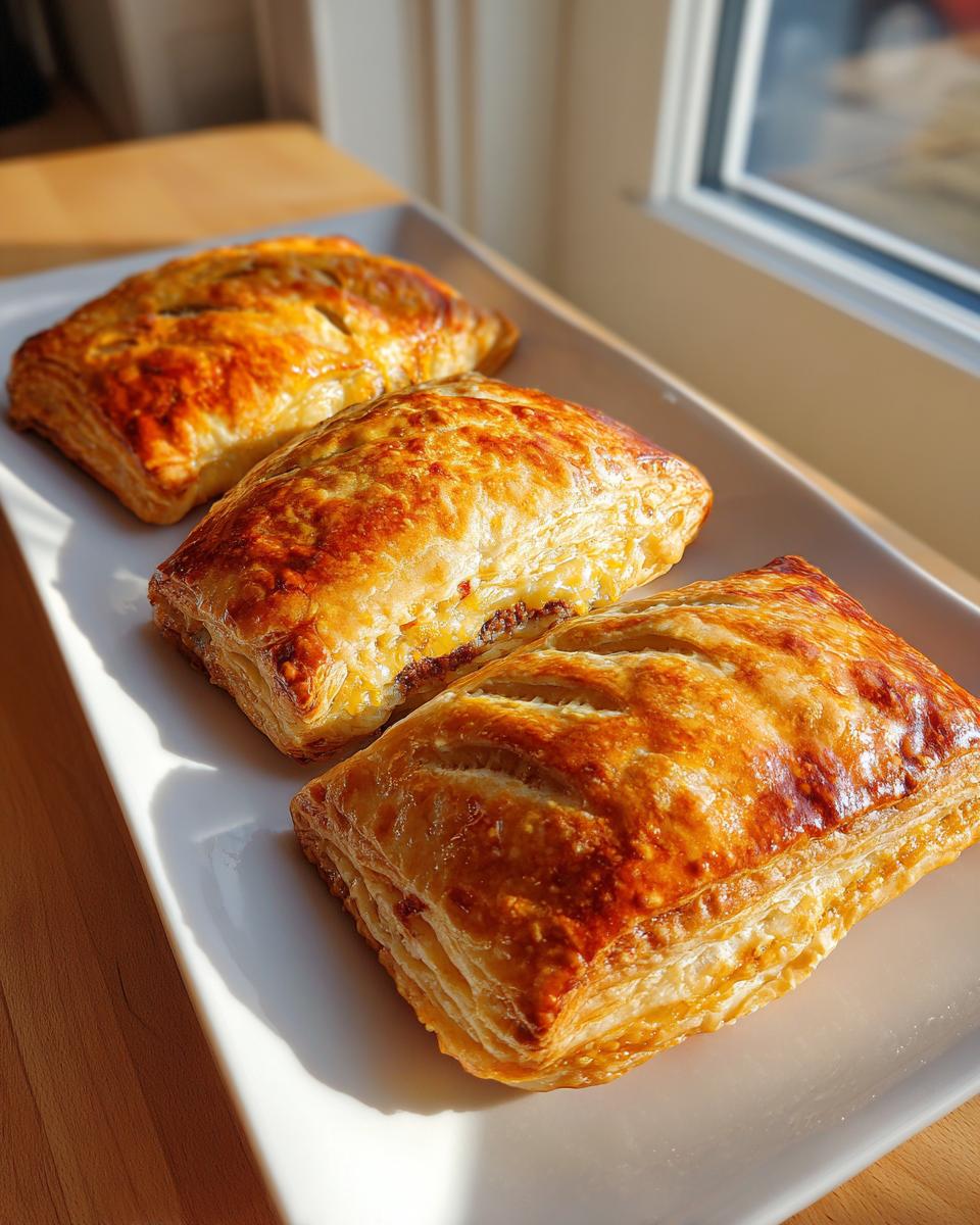 Three golden brown puff pastry cheeseburger pockets arranged on a white rectangular plate.