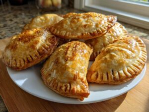 A plate piled high with golden brown, flaky puff pastry cheeseburger pockets, freshly baked.