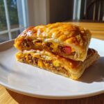 Two halves of a golden brown puff pastry cheeseburger pockets stacked on a white plate, showing the savory ground beef and cheese filling.