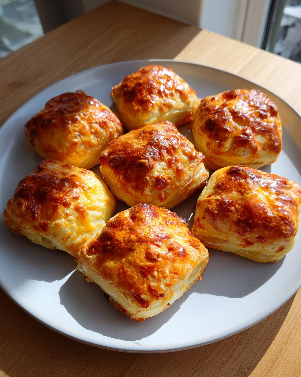 Seven golden-brown, flaky puff pastry cheeseburger pockets arranged on a light gray plate.