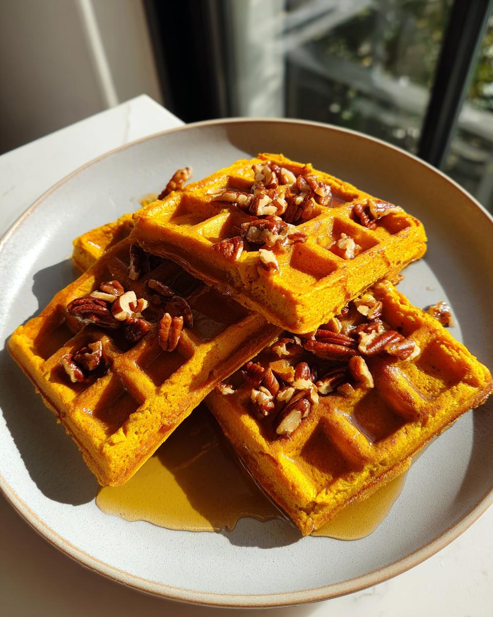 Three golden pumpkin cottage cheese waffles stacked on a plate, drizzled with syrup and topped with chopped pecans.
