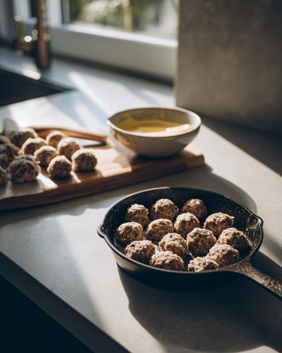 Raw, seasoned meatballs arranged in a cast iron skillet, ready for cooking for swedish meatball soup.