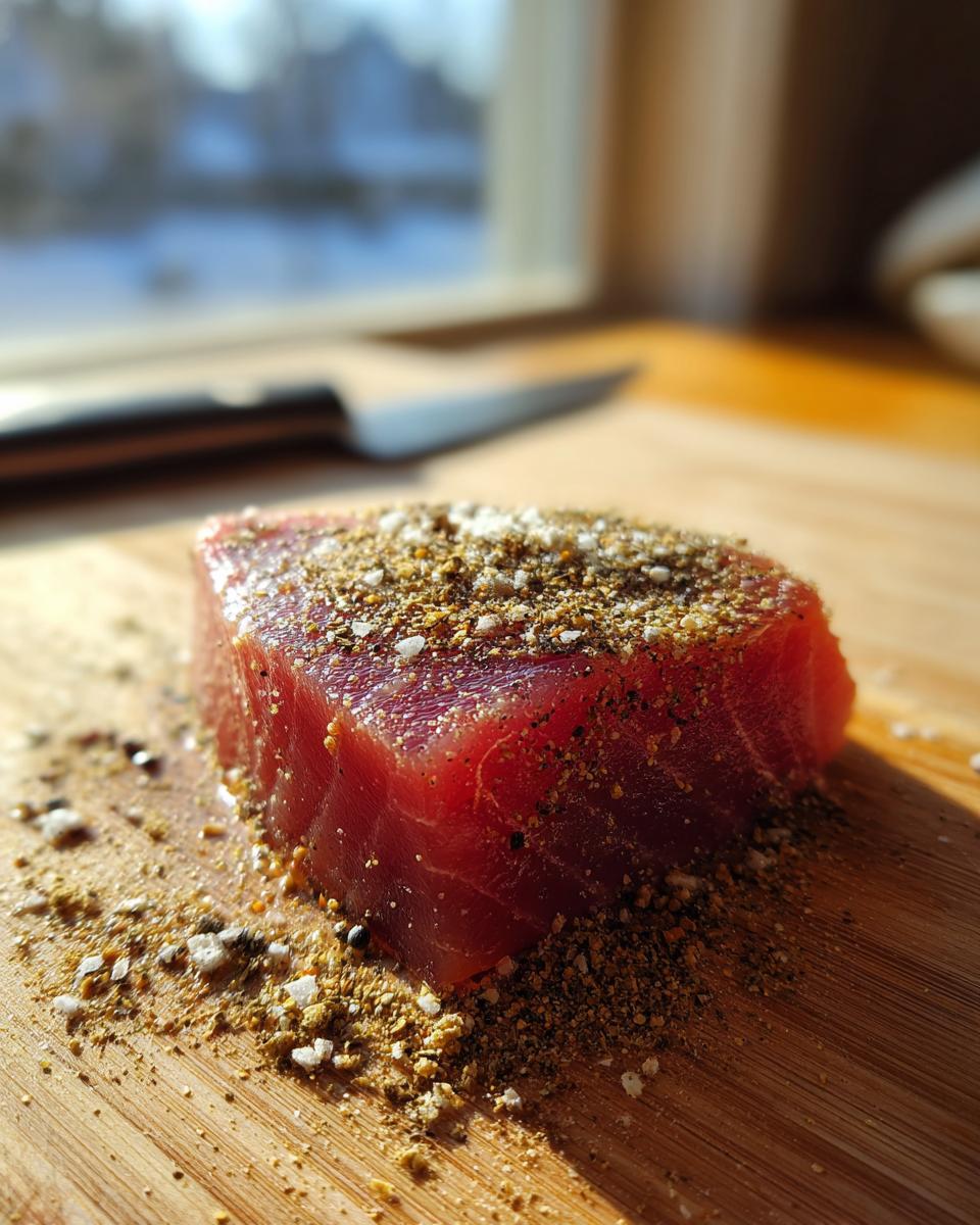 A thick, raw tuna steak heavily seasoned with salt and pepper mix, resting on a wooden cutting board.