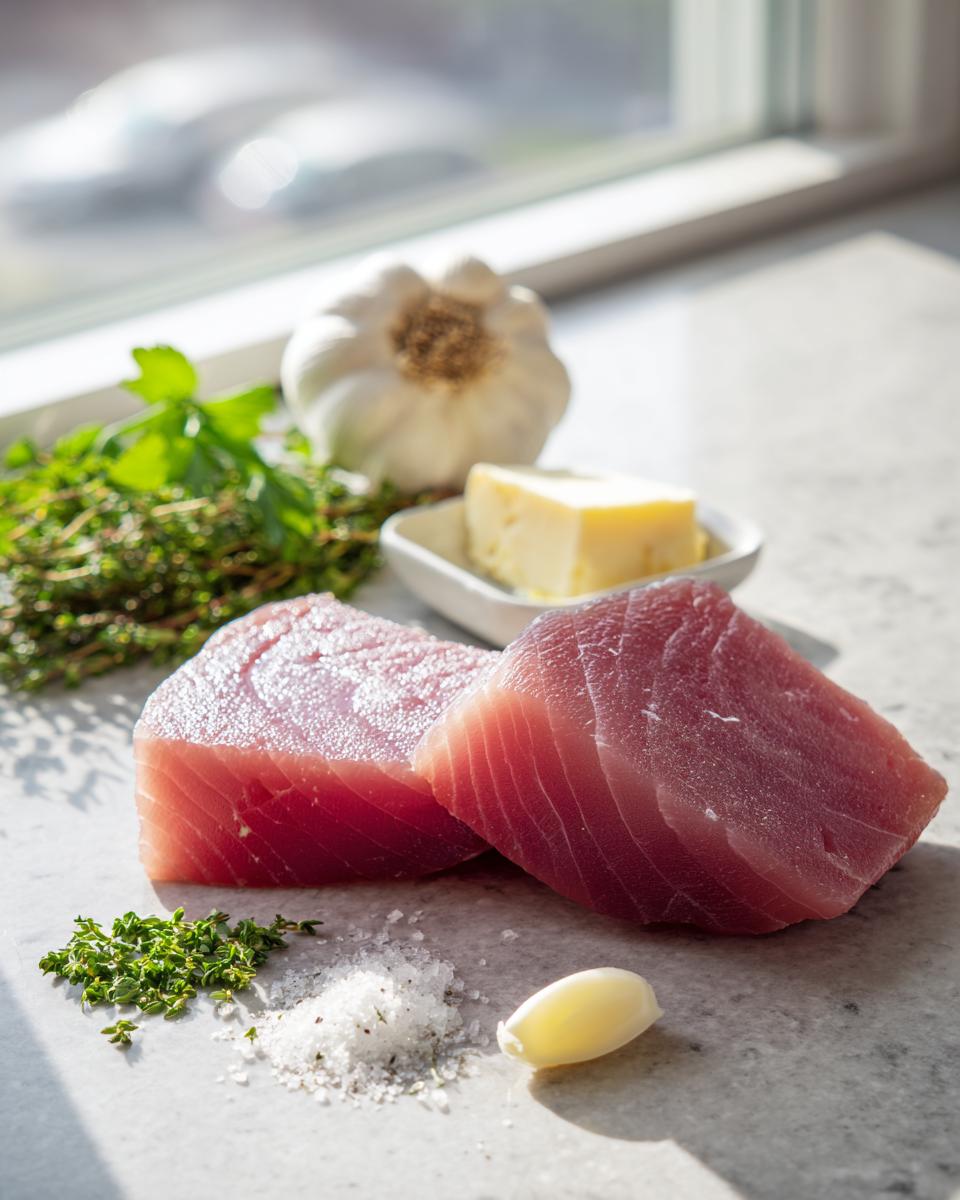 Two raw tuna steak portions ready for cooking, surrounded by salt, thyme, garlic, and butter.