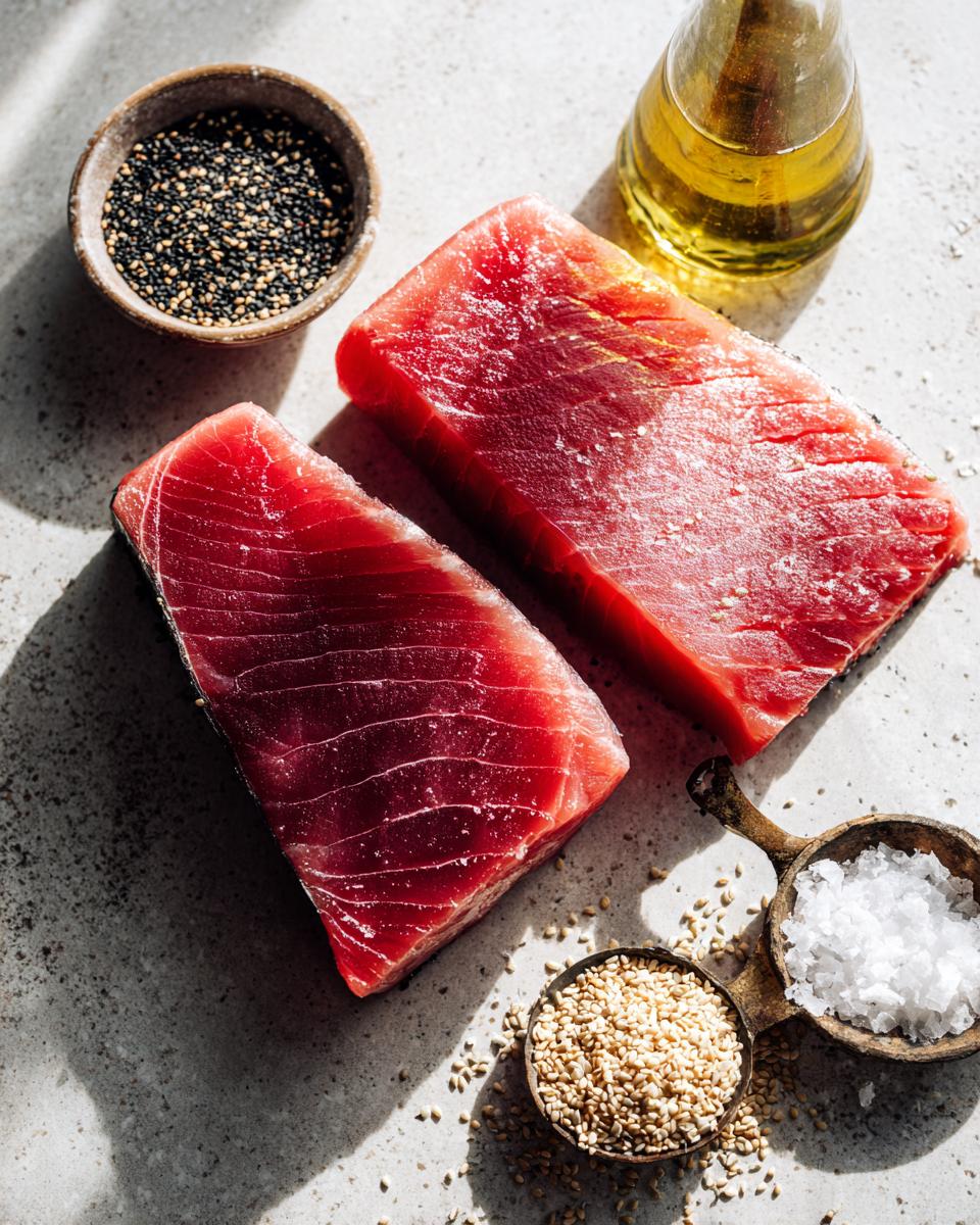 Two bright red, raw tuna steak portions ready for cooking, surrounded by sesame seeds, salt, and oil.