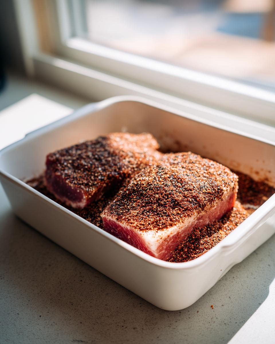 Two raw tuna steaks heavily coated in dark seasoning mix, ready for cooking to make blackened tuna steak.