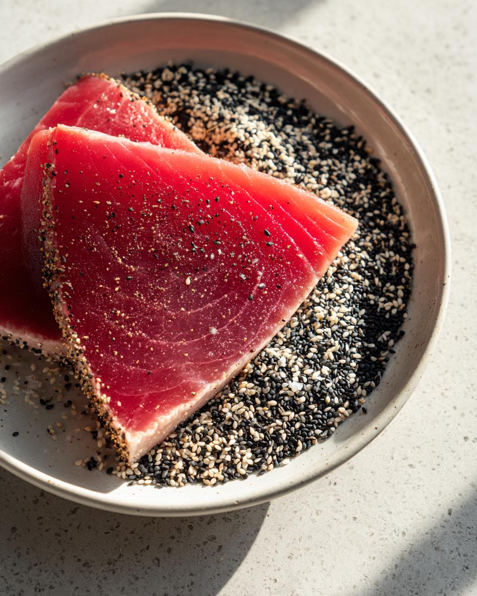 Two raw tuna steak portions seasoned with pepper resting on a bed of black and white sesame seeds, ready for pan seared tuna steak preparation.