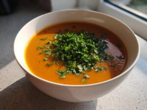 A bowl of vibrant orange roasted vegetable soup topped generously with fresh chopped parsley.