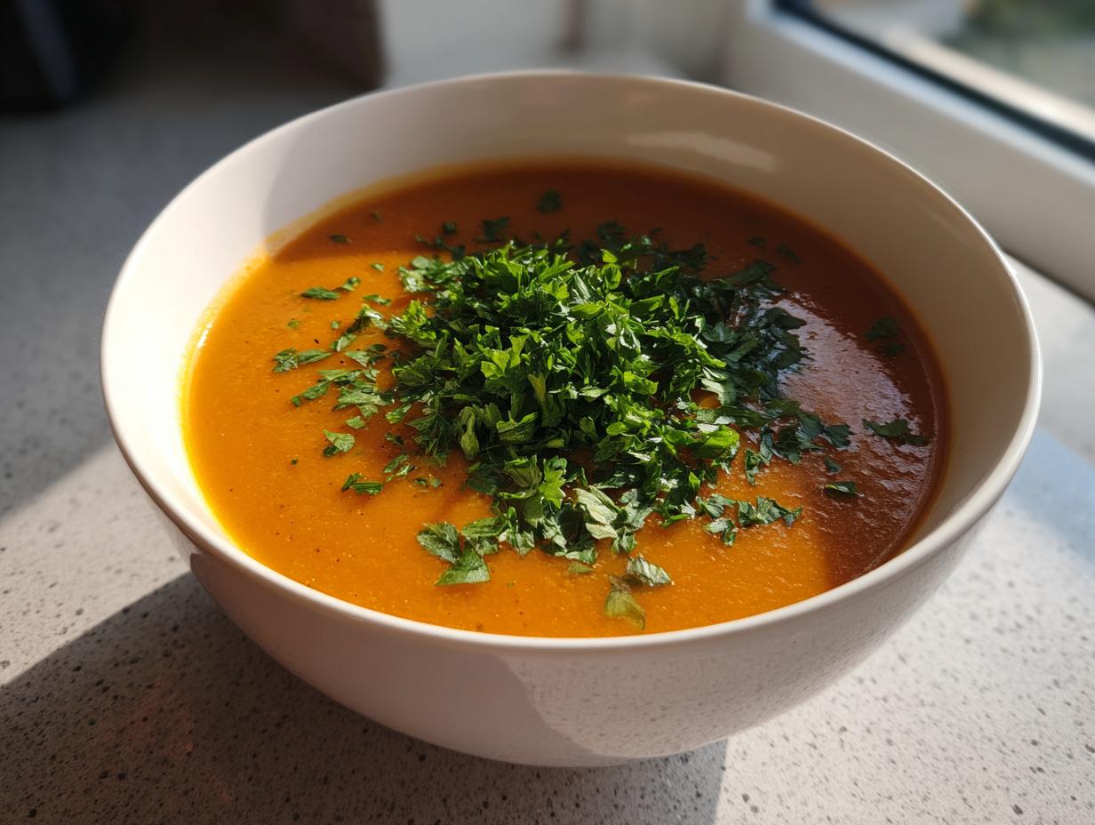 A bowl of vibrant orange roasted vegetable soup topped generously with fresh chopped parsley.