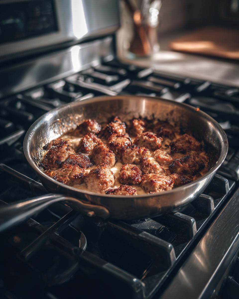 Browned sausage pieces simmering in a creamy sauce in a stainless steel skillet on a gas stovetop, part of making sausage cream cheese dip.