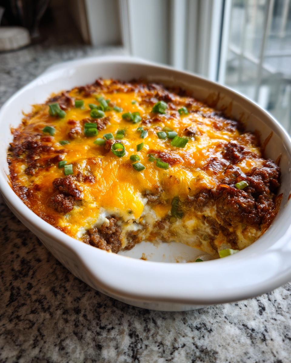 Close-up of baked sausage cream cheese dip topped with melted cheddar and green onions.