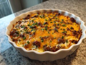 A baked sausage cream cheese dip topped with melted cheddar cheese and fresh chives in a white ruffled baking dish.