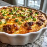 Close-up of a baked sausage cream cheese dip topped with melted cheddar and green onions.