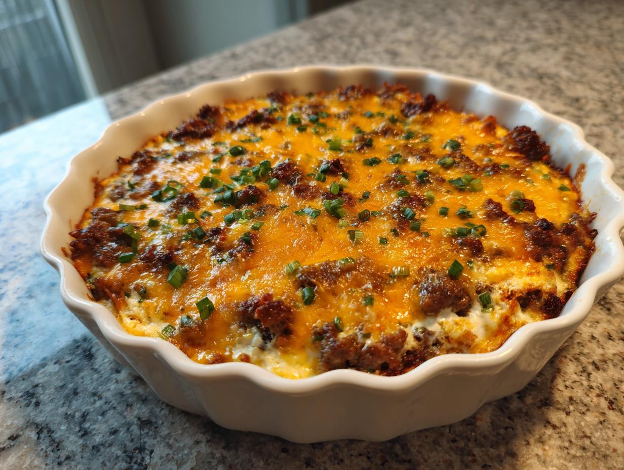 A baked sausage cream cheese dip topped with melted cheddar cheese and fresh chives in a white ruffled baking dish.