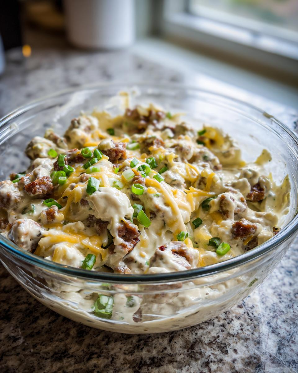 Close-up of a creamy sausage cream cheese dip topped with melted cheddar and green onions.
