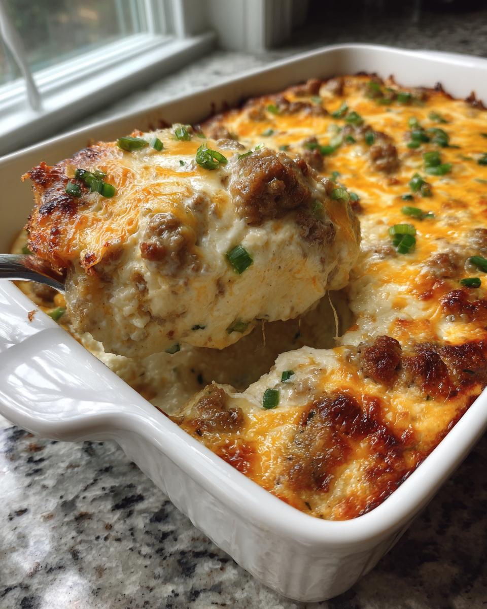 A spoonful of hot, cheesy sausage cream cheese dip being lifted from a white baking dish.