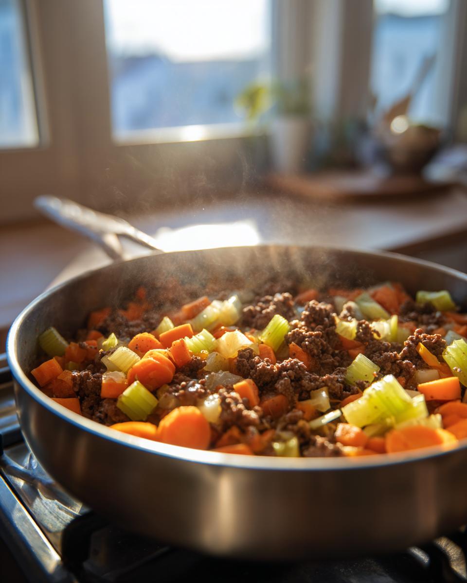 Ground beef sautéing with diced carrots and celery for hamburger vegetable soup in a stainless steel pan.