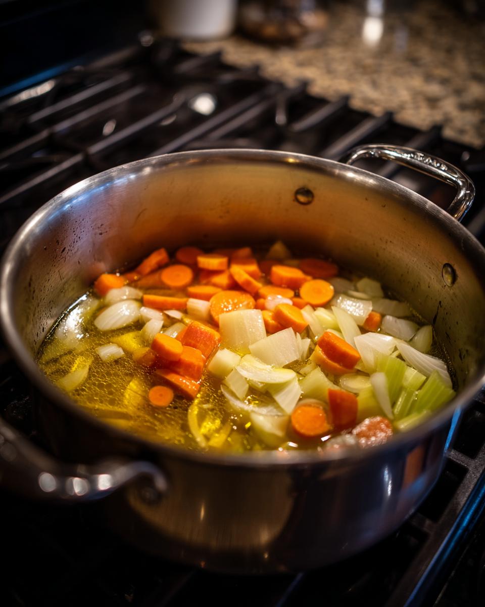 Chopped carrots, onions, and celery simmering in oil inside a stainless steel pot on a stovetop, starting the vegetable soup.