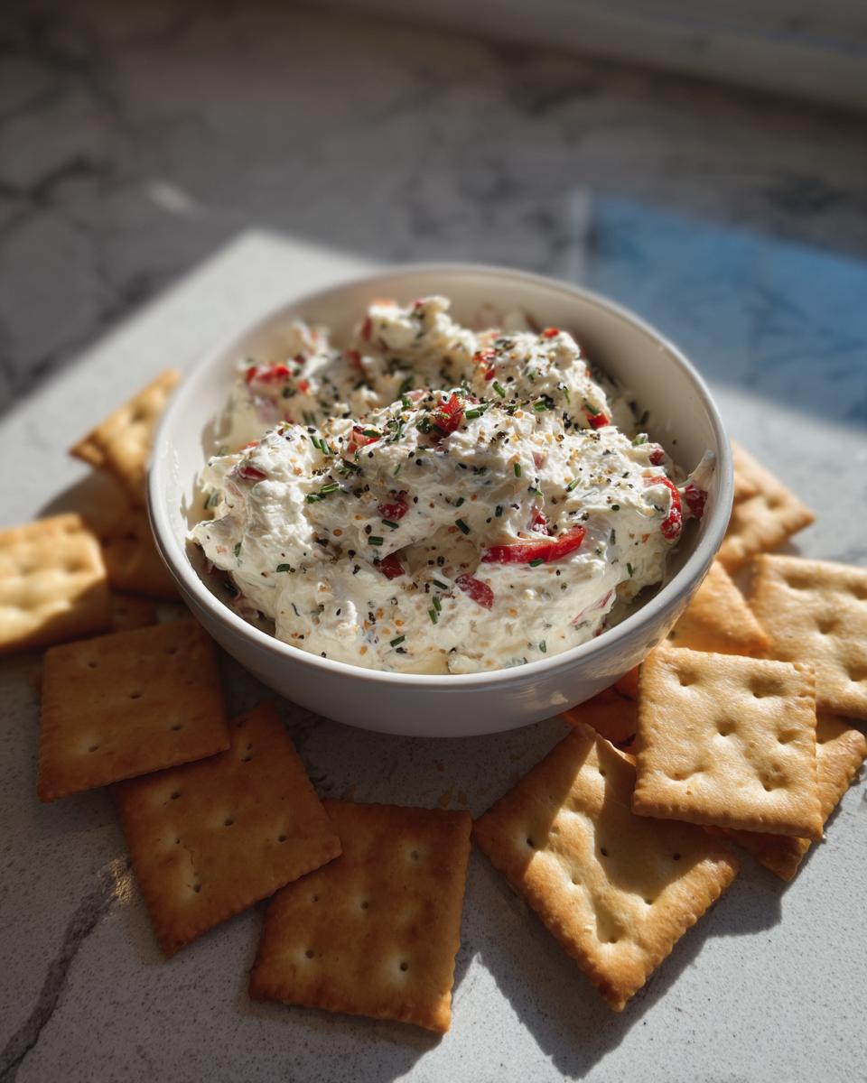 A bowl of savory cream cheese dips for crackers, topped with herbs and red pepper flakes, surrounded by square crackers.