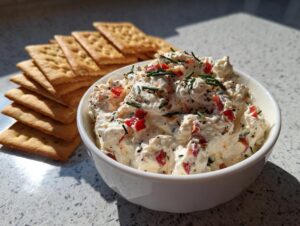 A bowl of savory cream cheese dips for crackers mixed with red peppers and topped with fresh chives.