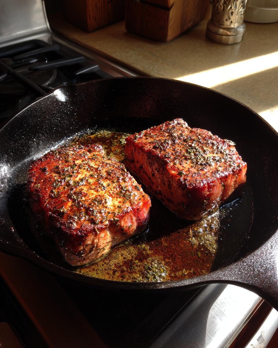 Two thick, seasoned tuna steak fillets searing in a hot cast iron skillet with browned butter and herbs.