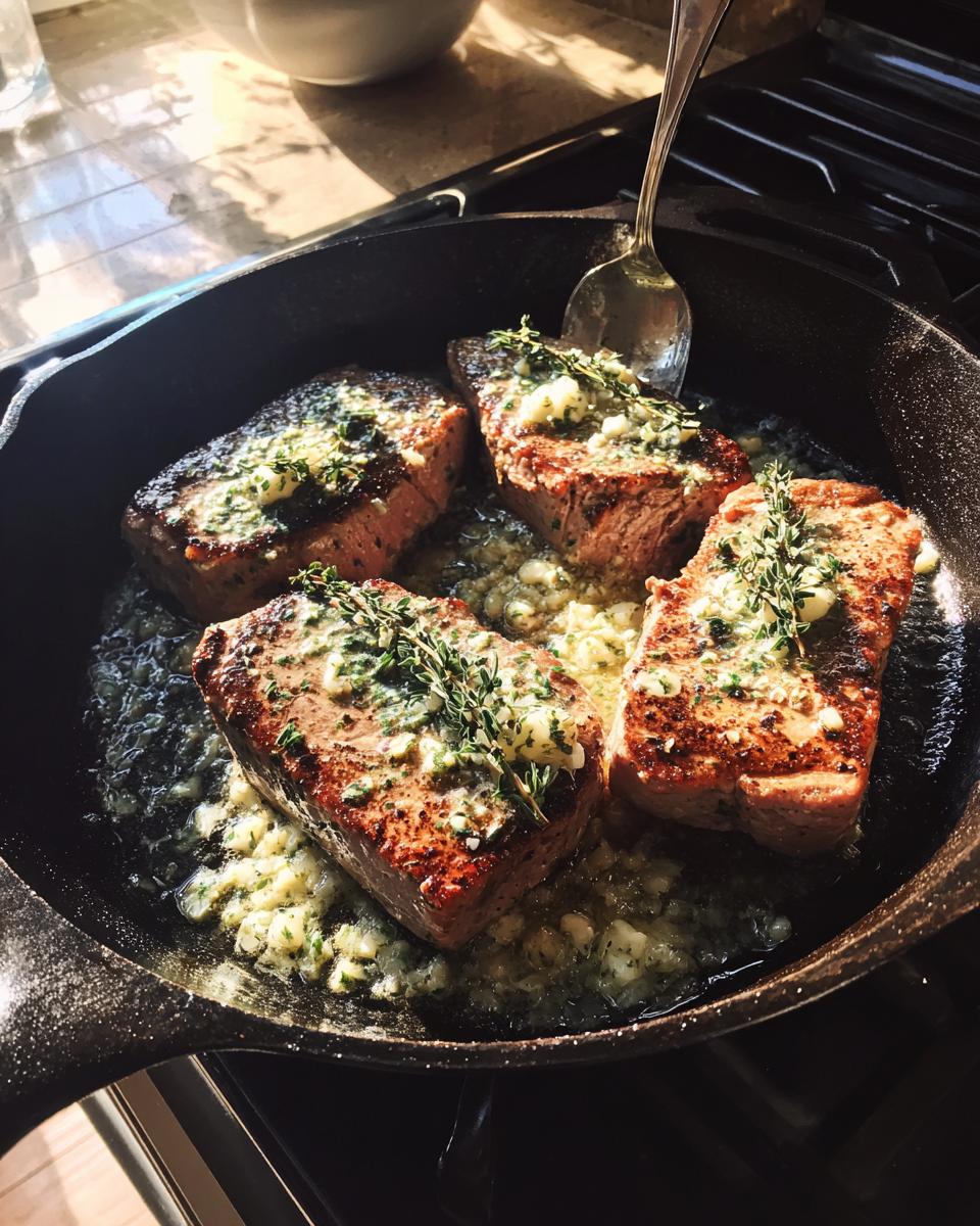 Four perfectly seared tuna steak portions cooking in a cast iron skillet with sizzling garlic butter and thyme.