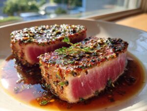Two thick, perfectly seared tuna steak portions with a dark herb crust resting in a savory sauce.