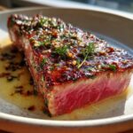 Close-up of a perfectly seared tuna steak, rare in the center, topped with a glistening herb and spice glaze.