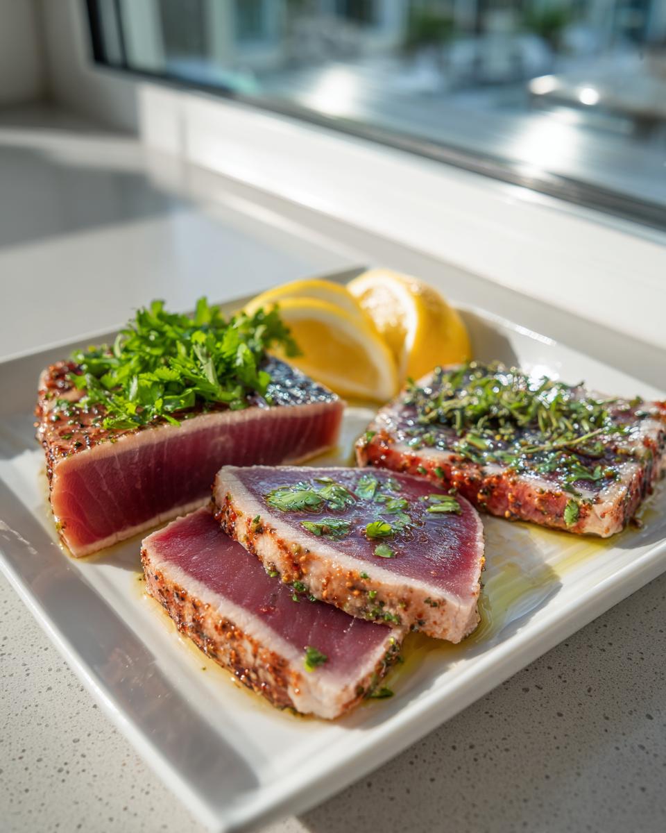 Slices of seared tuna steak resting on a white plate, showing the vibrant red interior and herb crust from the tuna steak marinade.