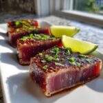 Three thick slices of perfectly seared tuna steak, showing a rare center, topped with seasoning and parsley, served with lime wedges.