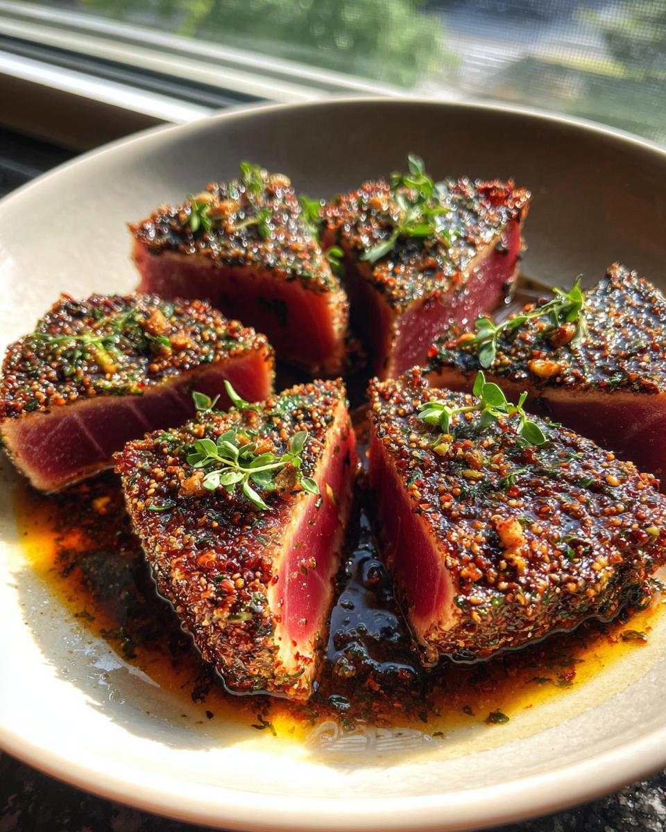 Six perfectly seared slices of tuna steak, crusted with herbs and spices, resting in sauce.