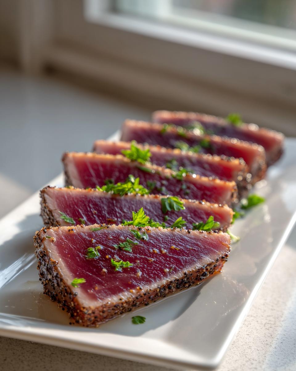 Slices of perfectly seared tuna steak, showing a dark crust and deep red center, garnished with parsley.