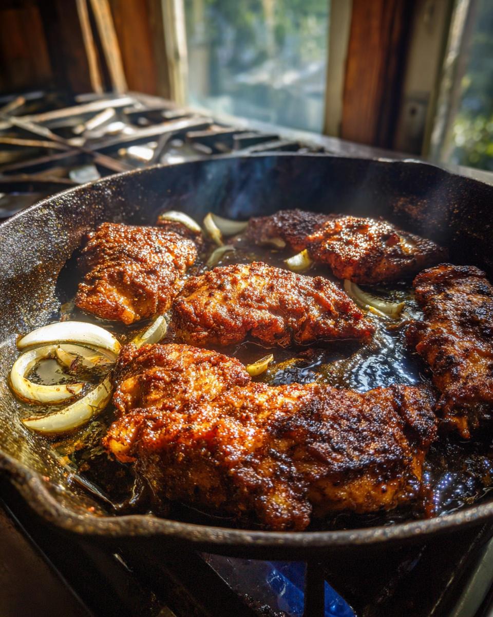 Pieces of richly seasoned brown stew chicken searing in a cast iron skillet with sliced onions.