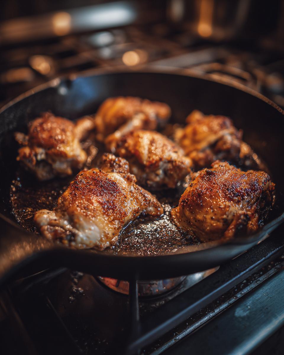 Chicken pieces searing in a cast iron skillet on a gas stove burner while making brown stew chicken jamaican crock pot.