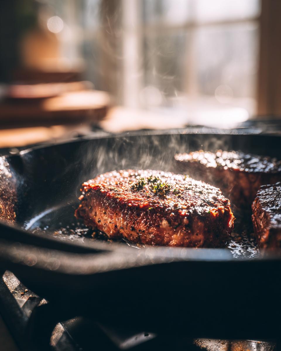 Thick tuna steak searing in a hot cast iron pan, showing steam and herbs on top, suggesting a great tuna steak marinade.